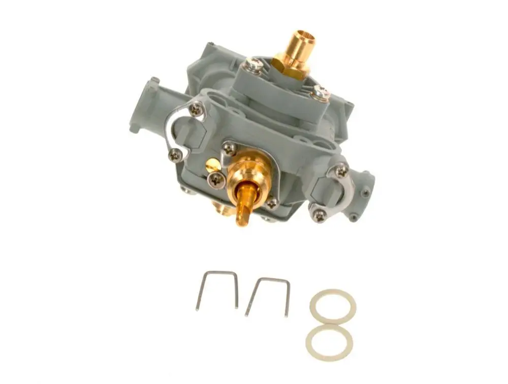 Bosch Wasserarmatur aus Kunststoff mit goldenen und silbernen Komponenten, abgebildet mit zwei Dichtungsringen und zwei Halteklemmen im Vordergrund.